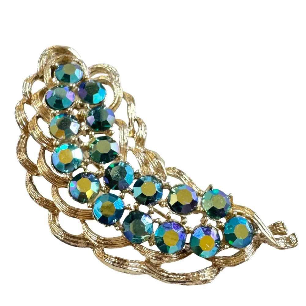 Vintage Statement‎ Brooch Pin Peacock Blue Green Aurora Borealis Rhinestones